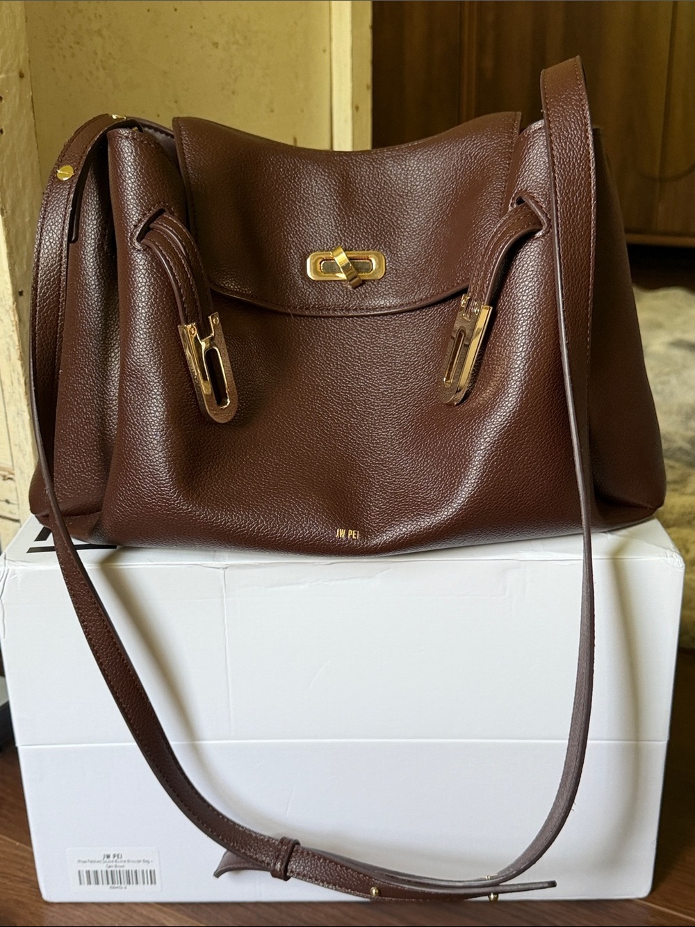 JW PEI Chocolate Brown Vegan Leather Shoulder Bag with Gold Accents